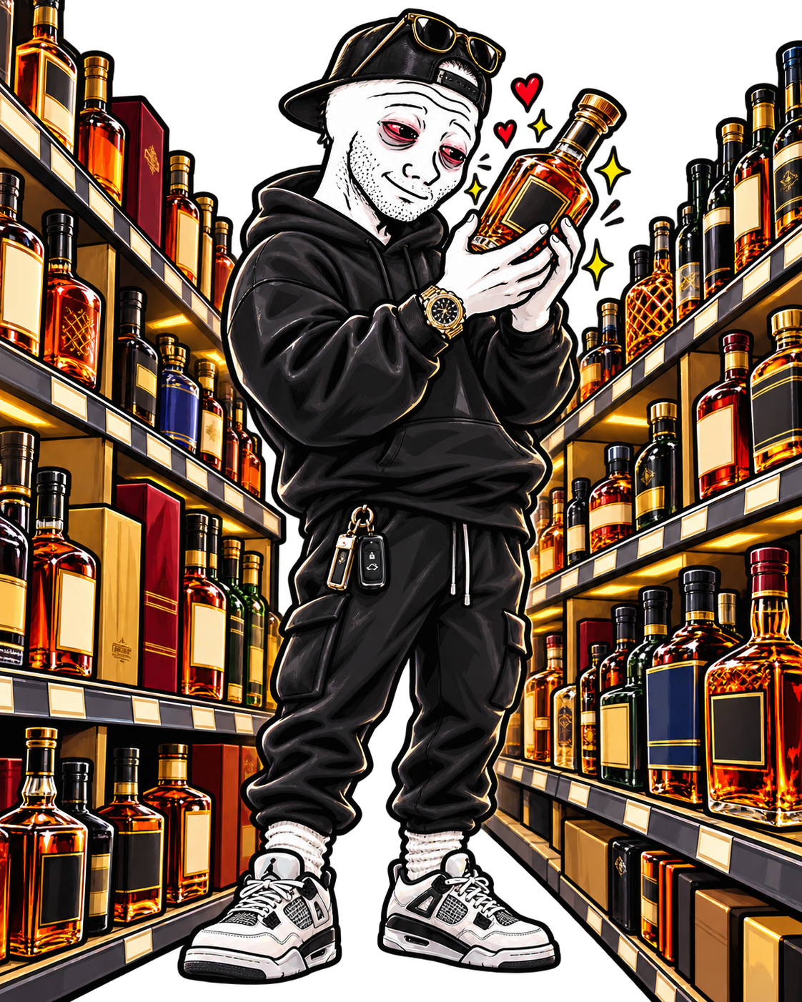 Man admiring a bottle in a luxury liquor aisle