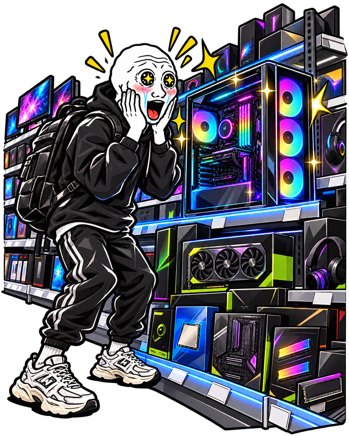 Man marveling at an RGB gaming PC